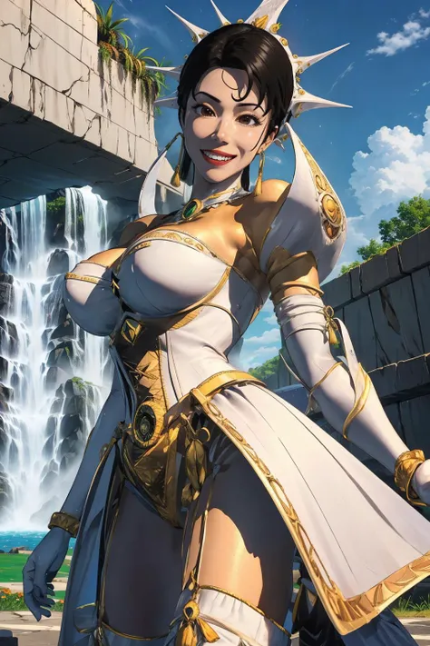 (Masterpiece, Best Quality:1.3), highres, 8k, highly detailed, 2d, illustration, outline, (centered), <lora:HEX-13:0.9>, spritehex, spritecape, looking back, (cowboy shot:1.2), (looking down), looking up, parted lips,  (spritesuit),  (spritecrown), tassel earrings, depth of field, sharp focus, black hair, white skin, vivid, details, arms up, grin, teeth, glowing:0.4, bloom:0.5, soft lighting, blurry background, ((sky, cloud)), extremely detailed background, night, dark room, waterfall, spring \(season\),