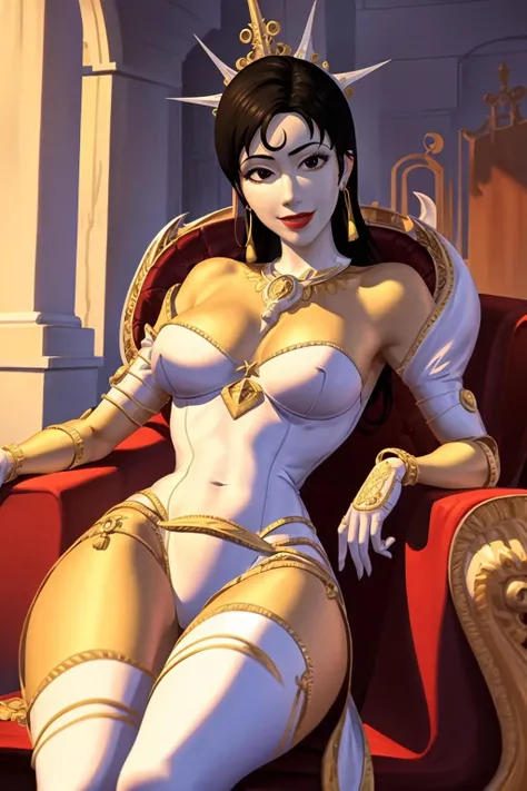 (Masterpiece, Best Quality:1.3), absurdres, 8k, highly detailed, 2d, (traditional media:1.2), illustration, outline, cinematic, dynamic, aged up, adult, <lora:HEX-13:0.9>, (spritehex), cowboy shot, sitting, contrapposto, black eyes, cover page, illustration, sexy, (spritesuit:1.3), (spritecrown:1.2), on chair, full body, crossed legs, head rest, head tilt, tassel earrings, (shiny:1.2), looking ahead, seductive smile, (detailed eyes, detailed face), depth of field, sharp focus, indoors, royal, regal, throne room, scenery, volumetric lighting