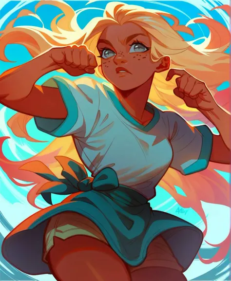 score_9_up, score_8_up, score_7_up, <lora:Pony_QualityV4.0:1.5>, dynamic pose, cowboy shot, different views, 1girl, long hair, Ash Blonde hair, grey eyes, tan skin, freckles, small breasts
, <lora:fishinlol_style_pony6_v3:.9>