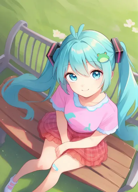 score_9, score_8_up, score_7_up,score_6_up, rating_safe, 1girl girl, sitting on a park bench, (hatsune miku,:0.7), twintails , looking at viewer, smile, frog hair ornament, short sleeves, pink shirt, plaid, plaid skirt, bandaid on knee, pink skirt, frilled skirt, antenna hair, white footwear, red skirt, from above, dutch angle, 
<lora:fishinlol_style_pony6_v3-000038:1>