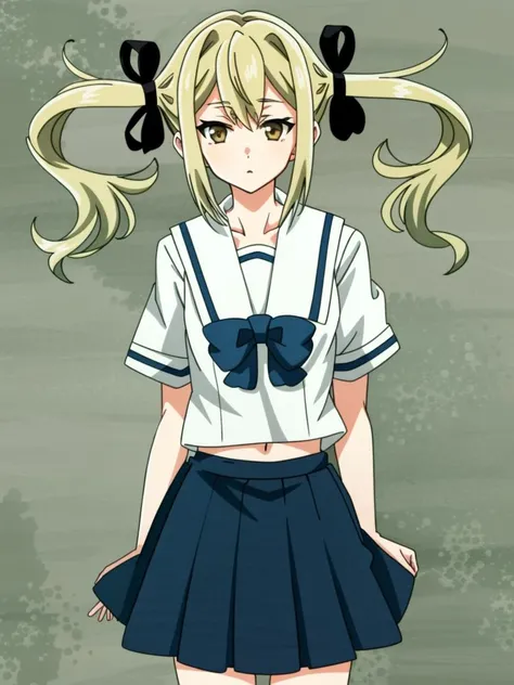 <lora:frauprod-000010:1>
1girl, frau, brown eyes, blonde hair, twintails, hair ribbon, small breasts, school uniform, serafuku