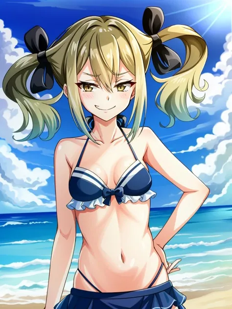 <lora:frauprod-000010:1>
1girl, frau, brown eyes, blonde hair, twintails, hair ribbon, small breasts, smug, smirk, bikini, beach