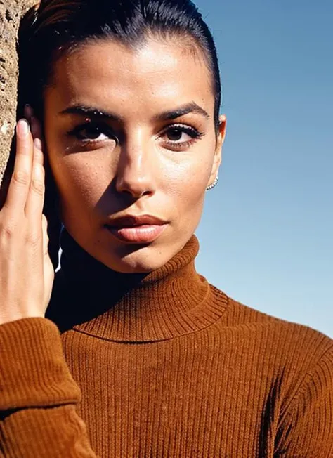 A stunning intricate color close up portrait of (sks woman:1) , wearing Turtleneck sweater and corduroy pants, epic character composition, sharp focus, natural lighting, subsurface scattering, f2, 35mm, film grain, , by Guy Bourdin, <lora:locon_evalongoria_v1_from_v1_64_32:1>
