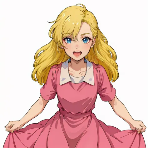 masterpiece,high quality,white background,solo,
<lora:ellevianno003:0.6>,
ellevianno,1girl,
long hair,wavy hair,bangs,blonde hair,hair between eyes,blue eyes,
pink dress,
open mouth, smile,
