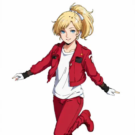 masterpiece,high quality,(white background:1.9),
<lora:ellevianno001:0.5>,solo,smile,looking at viewer,
elle_vianno,1girl,
long hair,high ponytail,ponytail,hair ribbon,hair bow,blonde hair,blue eyes,
jacket,emblem,open jacket,shirt,long sleeves,black gloves,fingerless gloves,
pants,red footwear,boots,
