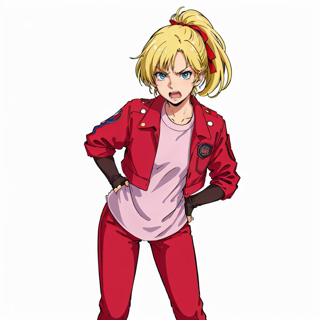 A woman in red pants and a pink shirt standing with her hands on her ...