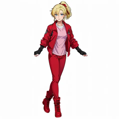 masterpiece,high quality,white background,solo,
<lora:ellevianno003:0.5>,
ellevianno,1girl,
long hair,high ponytail,hair ribbon,bangs,blonde hair,hair between eyes,blue eyes,
red jacket,emblem,open jacket,(long shirt:1.5),long sleeves,
black gloves,fingerless gloves,
red pants,
red footwear,boots,