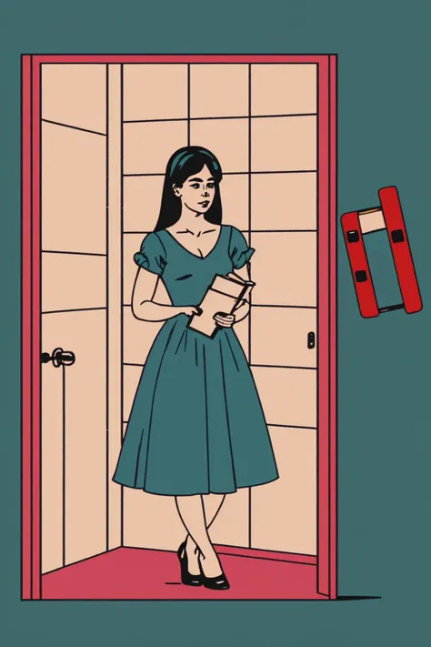 a woman in a blue dress holding a book and a phone,( wake_up )