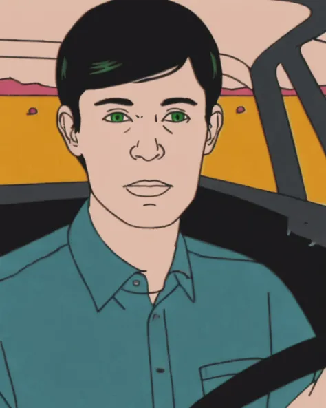 a man in a car with a steering wheel , solo, looking at viewer, short hair, shirt, black hair, 1boy, green eyes, white shirt, male focus, parted lips, collared shirt, ground vehicle, portrait, motor vehicle, car, limited palette <lora:Wake_Up_sdxl:0.85>