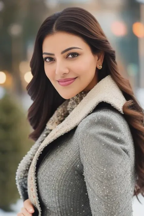 a photo of a woman, stylish, outdoor professional portrait, head-shot, slight smile, cute, snovy winter wether, kaja <lora:KajalAgrwal:1>