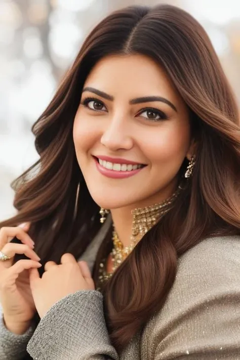 a photo of a woman, stylish, outdoor professional portrait, head-shot, slight smile, cute, snovy winter wether, kaja <lora:KajalAgrwal:1>