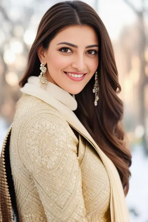 a photo of a woman, stylish, outdoor professional portrait, head-shot, slight smile, cute, snovy winter wether, kaja <lora:KajalAgrwal:1>