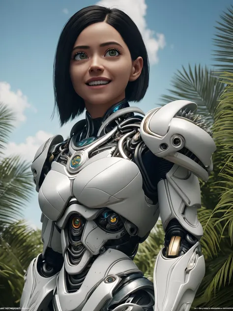 alita smiling (with matte white marble cyborg armor:1.2), (1girl:1.4). alita futuristic suit, portrait, intricate details glowing, (detailed vibrant forest plants grass tropical island sky clouds background:1.1), unreal 5, daz, hyper realistic, octane render, dynamic lighting, intricate detail, cinematic, trending on Artstation, CGSociety, Artgerm, symmetrical eyes, sharp focus, natural lighting, professional photo, intricate details, photoreal, shot using sony a7riii camera, highly detailed, best quality, photo render, cinematic, front view, ultra HD, ultra-detailed, finely detailed, 8k wallpaper, masterpiece, <lora:alita_Test3Safetensors:0.25>