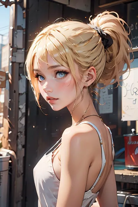 optimal，master piece，High resolution，best quality，hyper hd，super detail，award-winning，16K，solo，（Upper body），correct anatomy，Beautiful Cyberpunk Girl，cowboy shot、cute face，，blonde、bob cut、Red ribbon hair ornament、hair line，（（scarlet eyes）），long eyelashes，dangling corner of the eye，white skin，((Shoot head-on)), ((white t-shirt:1.5)), ((Clocktop、)), ((transparent nipples))、rocket , （Because I&#39;m slender），