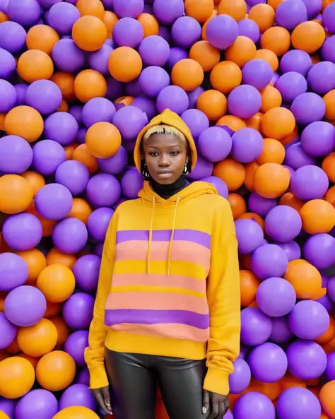 a woman in a yellow hoodie standing in front of a wall of orange and purple balls ,  alt_style , alternative culture , alternative style ,<lora:alt_style:1.0>