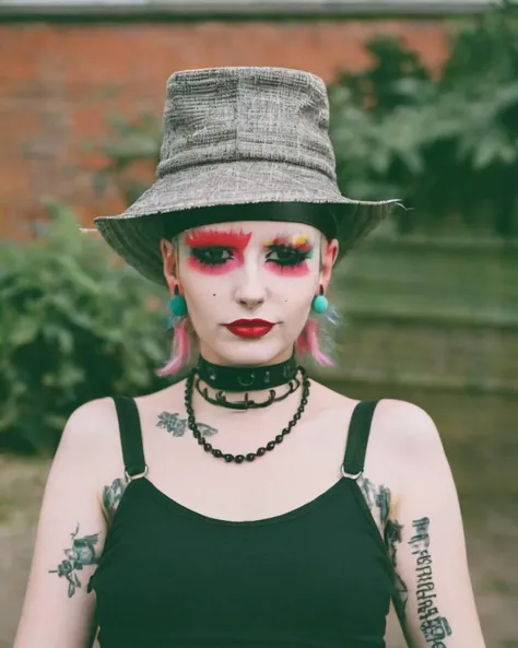 a woman with a scarf around her neck , alt_style , alternative culture , alternative style , tattoos:0.2, <lora:alt_style:1.0>