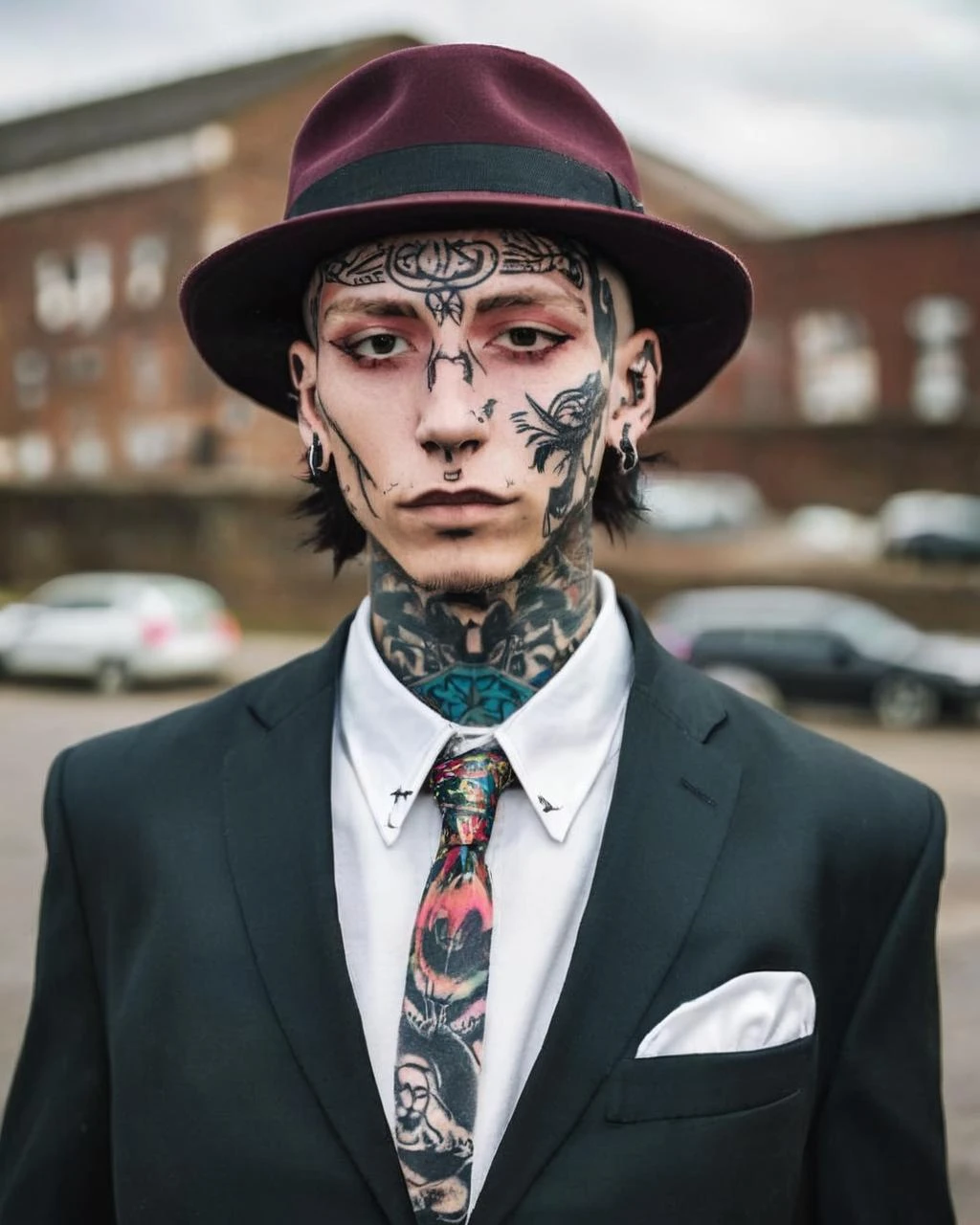 a man with a hat and a suit jacket , alt_style , alternative culture , alternative style , tattoos:0.2, <lora:alt_style:1.0>