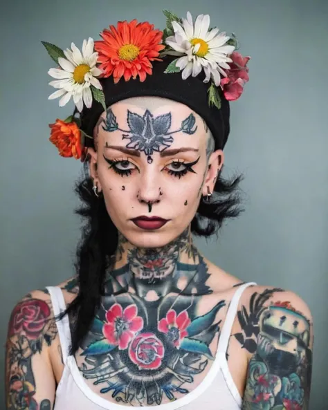 a woman with a hat and a flower on her head , alt_style , alternative culture , alternative style , tattoos:0.2, <lora:alt_style:1.0>
