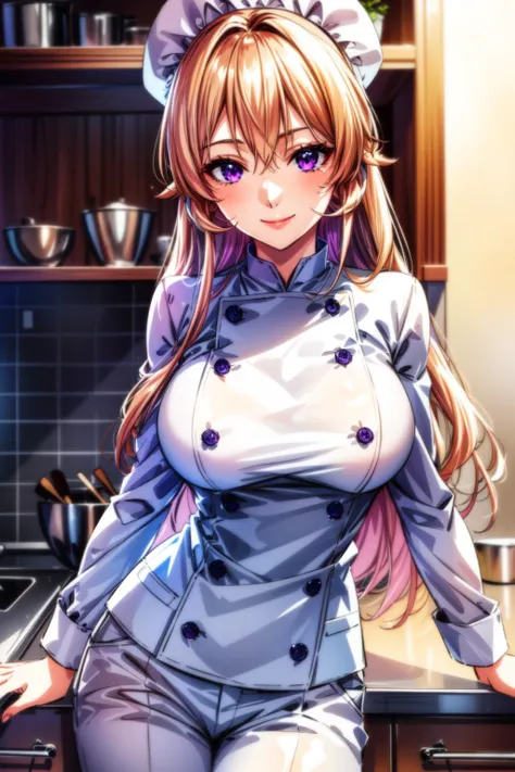 (best quality:1.2), 1girl, (masterpiece:1.2), raytracing, cute face, perfect face, ultra detailed,detailed face, 8k wallpaper, wide hips, <lora:more_details:0.5>, ErinaNakiri_NDV, 1girl, purple eyes, blonde hair, long hair, large breasts, hair between eyes, white jacket, white pants, , <lora:ErinaNakiri_NDV:0.7>, smile, indoor, kitchen, chef suit, cook hat