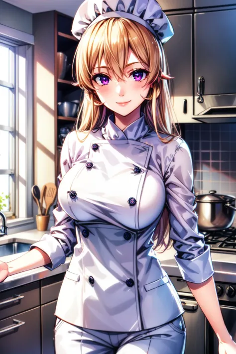 (best quality:1.2), 1girl, (masterpiece:1.2), raytracing, cute face, perfect face, ultra detailed,detailed face, 8k wallpaper, wide hips, <lora:more_details:0.5>, ErinaNakiri_NDV, 1girl, purple eyes, blonde hair, long hair, large breasts, hair between eyes, white jacket, white pants, ,  <lora:ErinaNakiri_NDV:0.7>, smile, indoor, kitchen, chef suit, cook hat