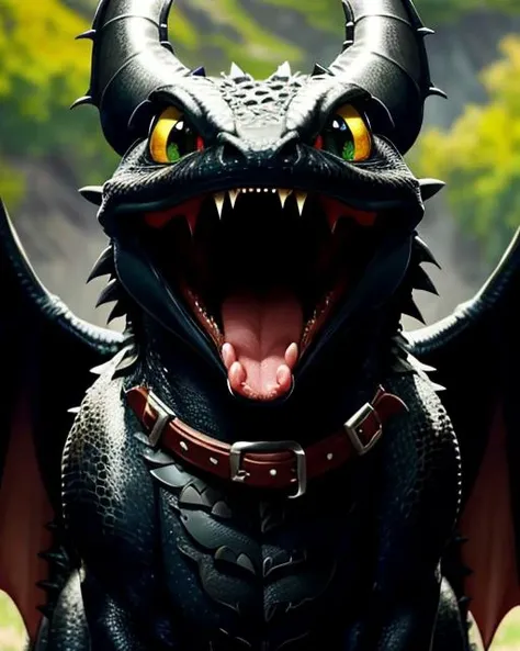 toothless dragon from how to train your dragon wide open gaping mouth<lora:l_omo_sd_32:1>, sharp focus, collar in neck, ultra-detailed,
