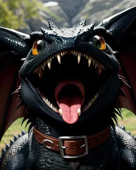 toothless dragon from how to train your dragon wide open gaping mouth<lora:l_omo_sd_32:1>, sharp focus, collar in neck, ultra-detailed,
