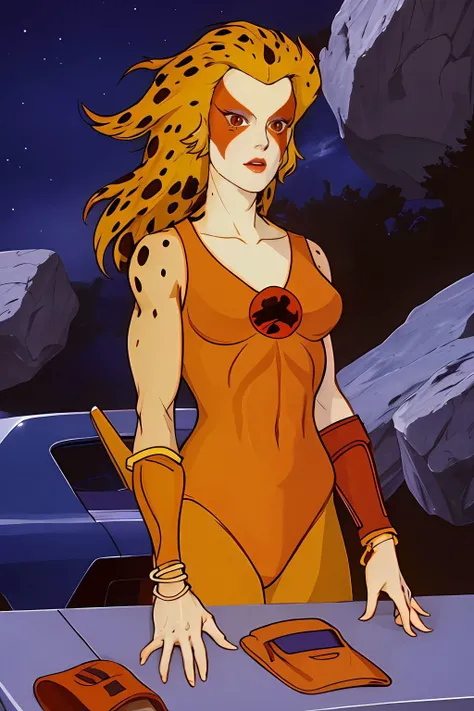 absurdres, cheetara, orange leotard, orange leggings, orange bracer, bracelet, upper body <lora:Cheetara_v1-000077:1>