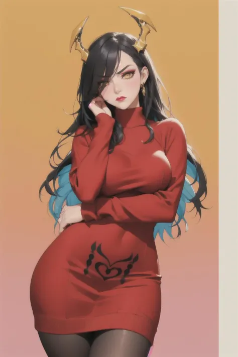 (Ultra detailed:1.3) (((best quality))), (((masterpiece))), (illustration of a fashionable woman in a vibrant outfit, a fashionable woman wearing bright clothing), pose in front of a brightly colored and vibrant background. The overall style is bold and eye-catching, emphasizing fashion and lifestyle, Fashion, lipstick, ray tracing, depth of field, glossy skin, counterpoint, female focus, model, perspective, fine fabric emphasis, budget haze, Perfect body proportions, <lora:fdg v2 epoch 5:1>, large breasts, golden eyes, long hair, makeup, glossy lipstick, eyelashes, (detailed eyes), (perfect face), fdg, (red sweater dress), (pantyhose), barefoot, , drawing of a woman, (confused unsure little frown face expression:1.2), makeup, (tattoed:1.2), solo, 1girl,