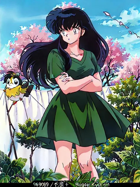 <lyco:neg4all_bdsqlsz_V3.5:1.0>1girl, solo (<lora:takahashi_rumiko_offset:1>takahashi rumiko, 1980s \(style\), retro artstyle) (<lora:kagome_multimerge:1>kagome, in a park, surrounded by birds, flower beds, slightly windy, sunny day, lively atmosphere, from front, reflecting eyes)