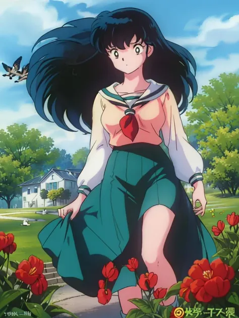 <lyco:neg4all_bdsqlsz_V3.5:1.0>1girl, solo (<lora:takahashi_rumiko_offset:1>takahashi rumiko, 1980s \(style\), retro artstyle) (<lora:kagome_multimerge:1>kagome, in a park, surrounded by birds, flower beds, slightly windy, sunny day, lively atmosphere, from front)