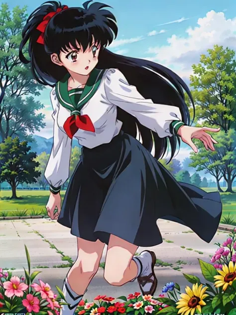 <lyco:neg4all_bdsqlsz_V3.5:2>1girl, solo (<lora:kagome_multimerge:1>kagome, in a park, surrounded by birds, flower beds, slightly windy, sunny day, lively atmosphere, from front, reflecting eyes) (((picture-perfect 8k resolution))) (((1980s (style), drawn by takahashi rumiko, takahashi_rumiko_(style) )))