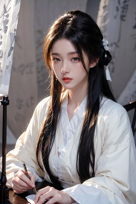 <lora:Calligraphy-000001:0.8>,<lora:GoodHands-beta2:1.2>,Calligraphy background,1girl,long hair,black hair,solo,candle,scroll,cursive,realistic,curtains,sitting,robe,indoors,red lips,paintbrush rack,holding,chinese clothes,white robe,calligraphy brush,, best quality , masterpiece, illustration, an extremely delicate and beautiful, extremely detailed ,CG,unity,8k wallpaper, Amazing, finely detail, masterpiece, best quality,official art,extremely detailed CG unity 8k wallpaper,absurdres, incredibly absurdres, huge filesize , ultra-detailed, highres, extremely detailed,beautiful detailed girl, extremely detailed eyes and face, beautiful detailed eyes,light on face,