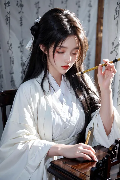 <lora:Calligraphy-000001:0.8>,<lora:GoodHands-beta2:1>,Calligraphy background,1girl,long hair,black hair,solo,candle,scroll,cursive,realistic,curtains,closed eyes,sitting,robe,indoors,red lips,paintbrush rack,holding,chinese clothes,white robe,calligraphy brush,, best quality , masterpiece, illustration, an extremely delicate and beautiful, extremely detailed ,CG,unity,8k wallpaper, Amazing, finely detail, masterpiece, best quality,official art,extremely detailed CG unity 8k wallpaper,absurdres, incredibly absurdres, huge filesize , ultra-detailed, highres, extremely detailed,beautiful detailed girl, extremely detailed eyes and face, beautiful detailed eyes,light on face,