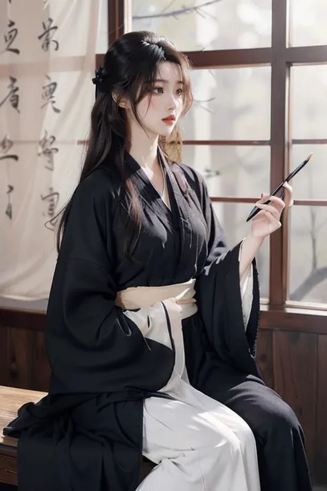 <lora:GoodHands-beta2:1>,<lora:Calligraphy-000002:0.8>,Calligraphy,(small breasts:1.2),<lora:Freehand_Brushwork:0.2>,
Calligraphy background,1girl,solo,sitting,holding,long hair,black hair,paintbrush,cursive,wide sleeves,Hanfu,(Black robe:1.4),long sleeves,lips,indoors,blurry,blonde hair,realistic,looking to the side,chinese clothes,robe,scroll,
portrait,looking away,(see-through:1.2),(see-through sleeves:1.3),wind,