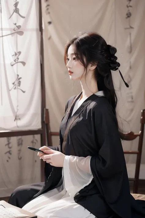 <lora:GoodHands-beta2:1>,<lora:Calligraphy-000002:0.8>,Calligraphy,(small breasts:1.2),<lora:Freehand_Brushwork:0.2>,
Calligraphy background,1girl,solo,sitting,holding,long hair,black hair,paintbrush,cursive,wide sleeves,Hanfu,(Black robe:1.4),long sleeves,lips,indoors,blurry,blonde hair,realistic,looking to the side,chinese clothes,robe,scroll,
portrait,looking away,(see-through:1.2),(see-through sleeves:1.3),wind,