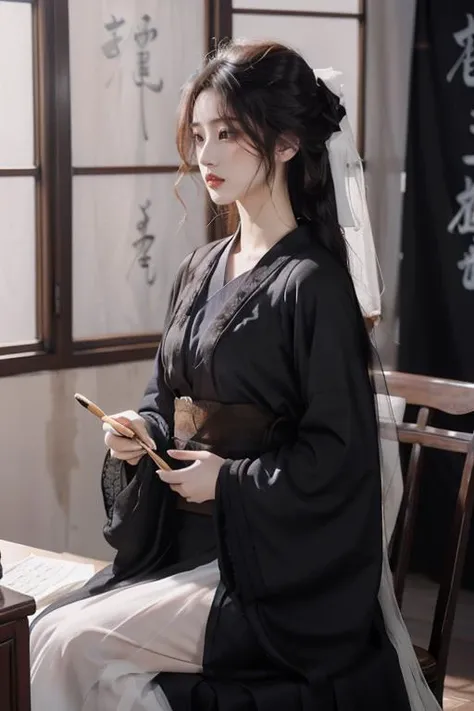 <lora:GoodHands-beta2:1>,<lora:Calligraphy-000002:0.8>,Calligraphy,(small breasts:1.2),<lora:Freehand_Brushwork:0.2>,
Calligraphy background,1girl,solo,sitting,holding,long hair,black hair,paintbrush,cursive,wide sleeves,Hanfu,(Black robe:1.4),long sleeves,lips,indoors,blurry,blonde hair,realistic,looking to the side,chinese clothes,robe,scroll,
portrait,looking away,(see-through:1.2),(see-through sleeves:1.3),wind,