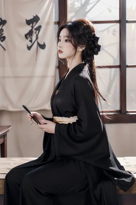 <lora:GoodHands-beta2:1>,<lora:Calligraphy-000002:0.8>,Calligraphy,(small breasts:1.2),<lora:Freehand_Brushwork:0.2>,
Calligraphy background,1girl,solo,sitting,holding,long hair,black hair,paintbrush,cursive,wide sleeves,Hanfu,(Black robe:1.4),long sleeves,lips,indoors,blurry,blonde hair,realistic,looking to the side,chinese clothes,robe,scroll,
portrait,looking away,(see-through:1.2),(see-through sleeves:1.3),wind,