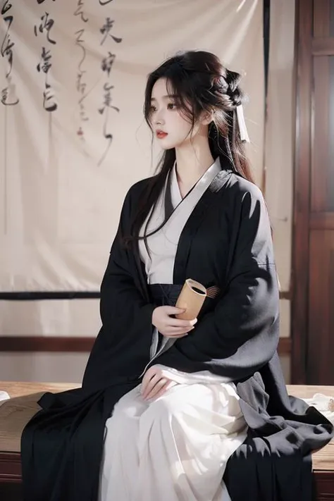 <lora:GoodHands-beta2:1>,<lora:Calligraphy-000002:0.8>,Calligraphy,(small breasts:1.2),<lora:Freehand_Brushwork:0.2>,
Calligraphy background,1girl,solo,sitting,holding,long hair,black hair,paintbrush,cursive,wide sleeves,Hanfu,(Black robe:1.4),long sleeves,lips,indoors,blurry,blonde hair,realistic,looking to the side,chinese clothes,robe,scroll,
portrait,looking away,(see-through:1.2),(see-through sleeves:1.3),wind,