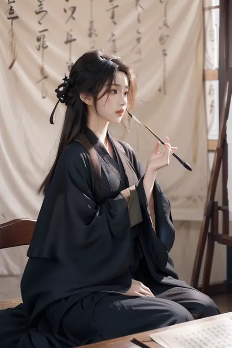 <lora:GoodHands-beta2:1>,<lora:Calligraphy-000002:0.8>,Calligraphy,(small breasts:1.2),<lora:Freehand_Brushwork:0.2>,
Calligraphy background,1girl,solo,sitting,holding,long hair,black hair,paintbrush,cursive,wide sleeves,Hanfu,(Black robe:1.4),long sleeves,lips,indoors,blurry,blonde hair,realistic,looking to the side,chinese clothes,robe,scroll,
portrait,looking away,(see-through:1.2),(see-through sleeves:1.3),wind,
