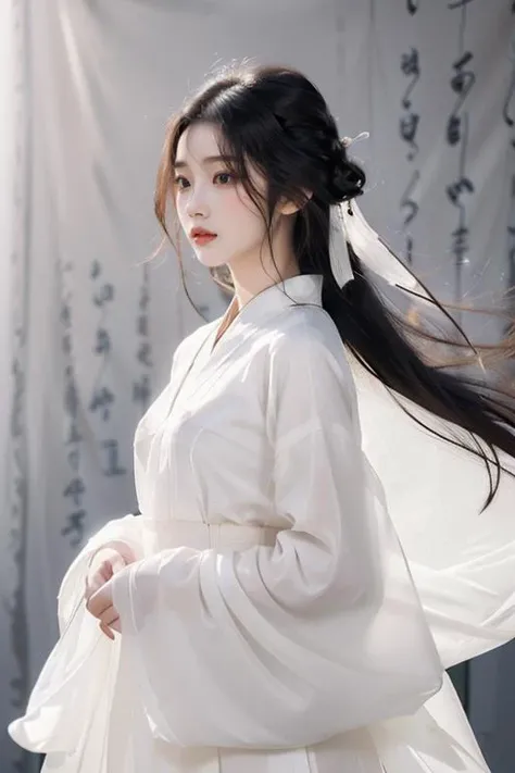 <lora:GoodHands-beta2:1>,<lora:Calligraphy-000002:0.8>,Calligraphy,(small breasts:1.2),<lora:Freehand_Brushwork:0.2>,
(calligraphy background:1.2),1girl,solo,black hair,long hair,realistic,lips,cursive,hair ornament,long sleeves,black eyes,upper body,nose,hanfu,chinese clothes,robe,scroll,white robe,floating hair,
portrait,looking away,(see-through:1.2),(see-through sleeves:1.3),wind,