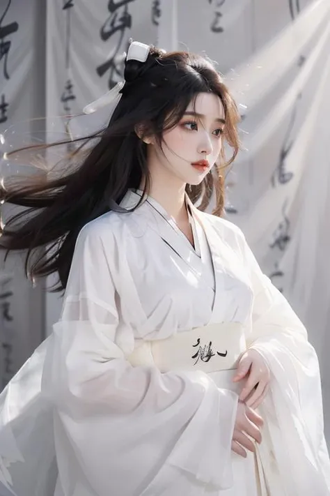 <lora:GoodHands-beta2:1>,<lora:Calligraphy-000002:0.8>,Calligraphy,(small breasts:1.2),<lora:Freehand_Brushwork:0.2>,
(calligraphy background:1.2),1girl,solo,black hair,long hair,realistic,lips,cursive,hair ornament,long sleeves,black eyes,upper body,nose,hanfu,chinese clothes,robe,scroll,white robe,floating hair,
portrait,looking away,(see-through:1.2),(see-through sleeves:1.3),wind,