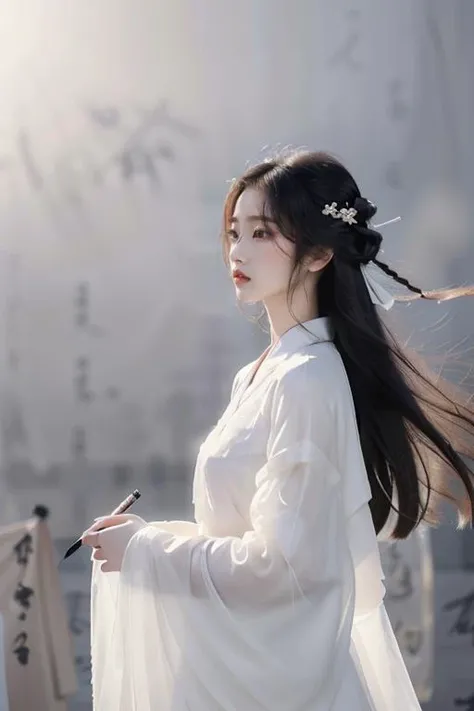 <lora:GoodHands-beta2:1>,<lora:Calligraphy-000002:0.8>,Calligraphy,(small breasts:1.2),<lora:Freehand_Brushwork:0.2>,
(calligraphy background:1.2),1girl,solo,black hair,long hair,realistic,lips,cursive,hair ornament,long sleeves,black eyes,upper body,nose,hanfu,chinese clothes,robe,scroll,white robe,floating hair,
portrait,looking away,(see-through:1.2),(see-through sleeves:1.3),wind,