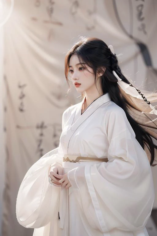 <lora:GoodHands-beta2:1>,<lora:Calligraphy-000002:0.8>,Calligraphy,(small breasts:1.2),<lora:Freehand_Brushwork:0.2>,
(calligraphy background:1.2),1girl,solo,black hair,long hair,realistic,lips,cursive,hair ornament,long sleeves,black eyes,upper body,nose,hanfu,chinese clothes,robe,scroll,white robe,floating hair,
portrait,looking away,(see-through:1.2),(see-through sleeves:1.3),wind,