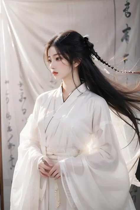 <lora:GoodHands-beta2:1>,<lora:Calligraphy-000002:0.8>,Calligraphy,(small breasts:1.2),<lora:Freehand_Brushwork:0.2>,
(calligraphy background:1.2),1girl,solo,black hair,long hair,realistic,lips,cursive,hair ornament,long sleeves,black eyes,upper body,nose,hanfu,chinese clothes,robe,scroll,white robe,floating hair,
portrait,looking away,(see-through:1.2),(see-through sleeves:1.3),wind,