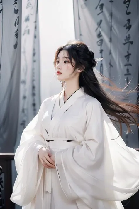 <lora:GoodHands-beta2:1>,<lora:Calligraphy-000002:0.8>,Calligraphy,(small breasts:1.2),<lora:Freehand_Brushwork:0.2>,
(calligraphy background:1.2),1girl,solo,black hair,long hair,realistic,lips,cursive,hair ornament,long sleeves,black eyes,upper body,nose,hanfu,chinese clothes,robe,scroll,white robe,floating hair,
portrait,looking away,(see-through:1.2),(see-through sleeves:1.3),wind,