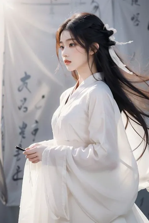 <lora:GoodHands-beta2:1>,<lora:Calligraphy-000002:0.8>,Calligraphy,(small breasts:1.2),<lora:Freehand_Brushwork:0.2>,
(calligraphy background:1.2),1girl,solo,black hair,long hair,realistic,lips,cursive,hair ornament,long sleeves,black eyes,upper body,nose,hanfu,chinese clothes,robe,scroll,white robe,floating hair,
portrait,looking away,(see-through:1.2),(see-through sleeves:1.3),wind,