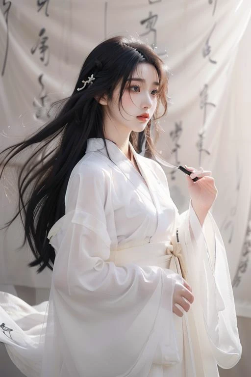 <lora:GoodHands-beta2:1>,<lora:Calligraphy-000002:0.8>,Calligraphy,(small breasts:1.2),<lora:Freehand_Brushwork:0.2>,
(calligraphy background:1.2),1girl,solo,black hair,long hair,realistic,lips,cursive,hair ornament,long sleeves,black eyes,upper body,nose,hanfu,chinese clothes,robe,scroll,white robe,floating hair,
portrait,looking away,(see-through:1.2),(see-through sleeves:1.3),wind,