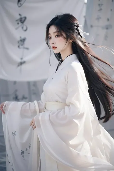 <lora:GoodHands-beta2:1>,<lora:Calligraphy-000002:0.8>,Calligraphy,(small breasts:1.2),<lora:Freehand_Brushwork:0.2>,
(calligraphy background:1.2),1girl,solo,black hair,long hair,realistic,lips,cursive,hair ornament,long sleeves,black eyes,upper body,nose,hanfu,chinese clothes,robe,scroll,white robe,floating hair,
portrait,looking away,(see-through:1.2),(see-through sleeves:1.3),wind,