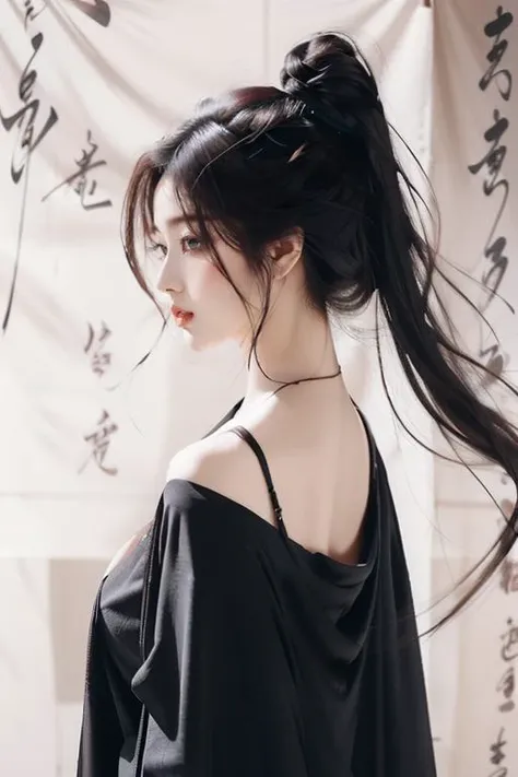 <lora:GoodHands-beta2:1>,<lora:Calligraphy-000002:0.8>,Calligraphy,small breasts,<lora:Freehand_Brushwork:0.5>,
calligraphy background,1girl,solo,black hair,long hair,robe,Inside,floating hair,bust,(Black dress:1.2),(black robe:1.2),scroll,parted lips,
back,ponytail,facing back,looking away,Show one shoulder,
