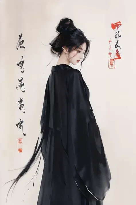 <lora:GoodHands-beta2:1>,<lora:Calligraphy-000002:0.8>,Calligraphy,small breasts,<lora:Freehand_Brushwork:0.6>,
calligraphy background,1girl,solo,black hair,long hair,robe,Inside,floating hair,bust,(Black dress:1.2),(black robe:1.2),scroll,parted lips,
back,ponytail,facing back,looking away,